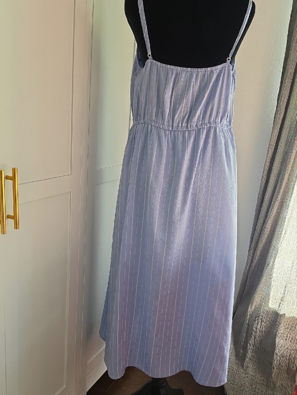 Light Blue Striped Midi Dress with Drawstring Waist - Picture 3 of 4